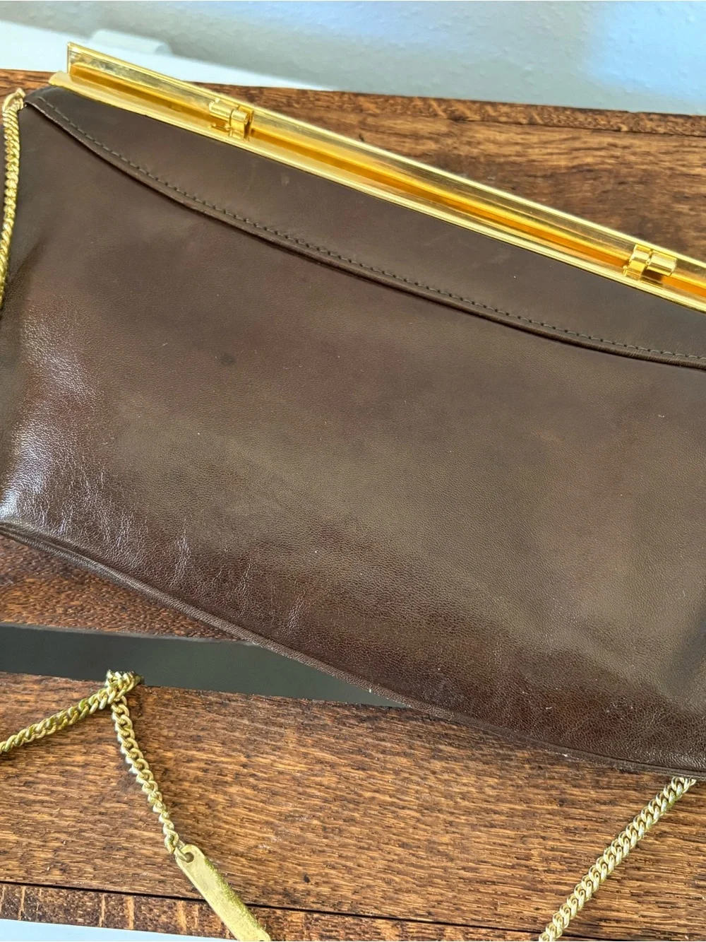Vintage Sambena brown leather gold chain kiss lock clutch or shoulder bag
